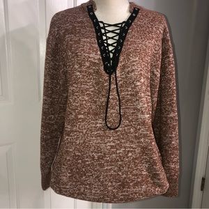 Women’s cozy thick knit oversized sweater Sz XL Brown lace up front pullover